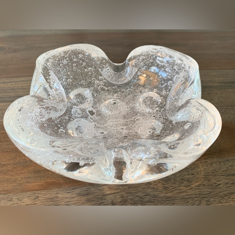 Handblown Art Glass Ashtray Pulegoso Air Bubbles Clear Bottom Vintage Catch All